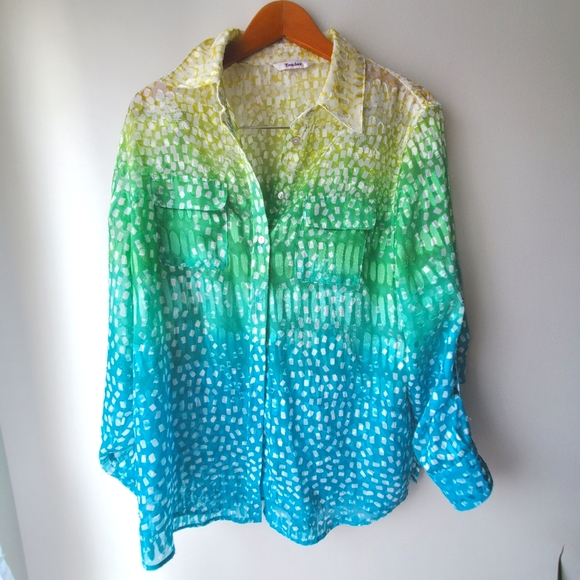 Tan Jay Blue Green Yellow Ombre Button Up Blouse - Picture 1 of 8